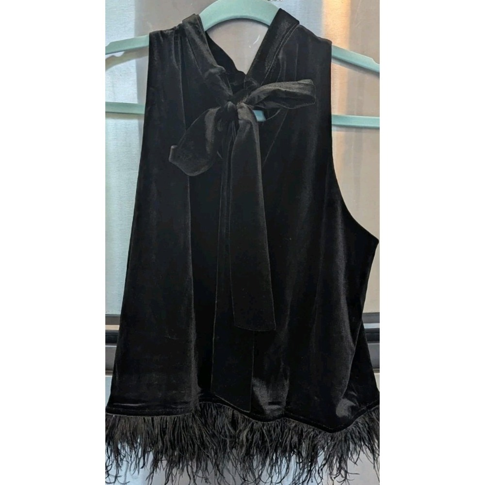 Julia Jordan 12 Black Velvet Top Mock Neck Bow Feather Trim Witchy Fairy Goth - Picture 2 of 7